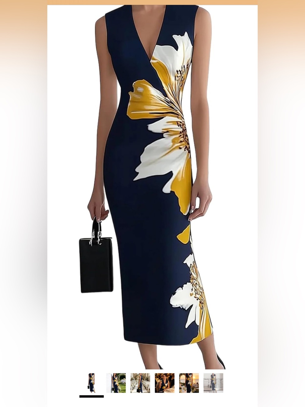 Navy Floral V-Neck Maxi Dress with Yellow & White Bloom